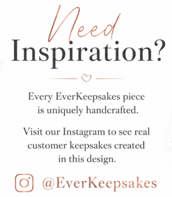 Promotional graphic with the text 'Need Inspiration?' in cursive and serif fonts, followed by descriptive copy about handcrafted keepsakes and an Instagram handle @EverKeepsakes, on a plain light background.