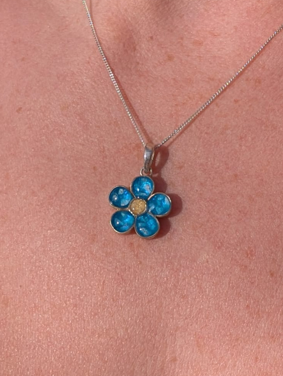 Sterling silver forget me not flower pendant with ashes, hair or breastmilk set in resin, on chain - EverKeepsakes