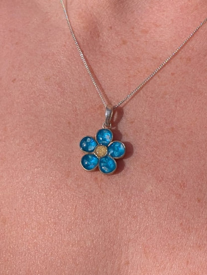 Sterling silver forget me not flower pendant with ashes, hair or breastmilk set in resin, on chain - EverKeepsakes