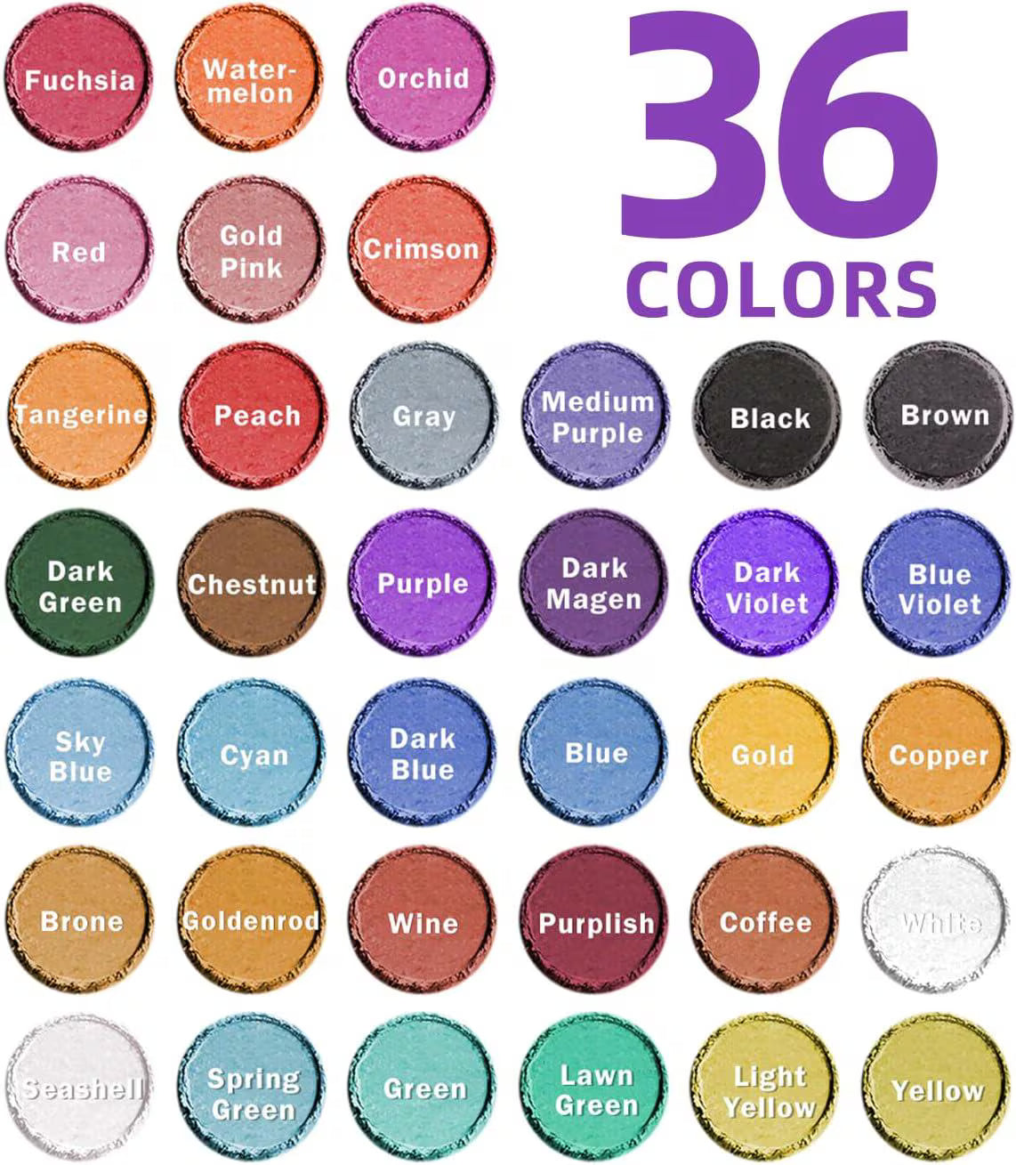 Collection of 36 color swatches with names above them