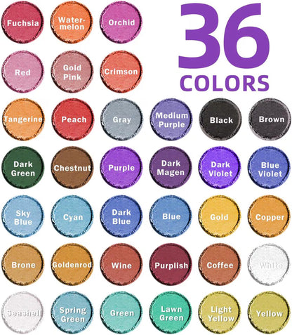 Collection of 36 color swatches with names above them